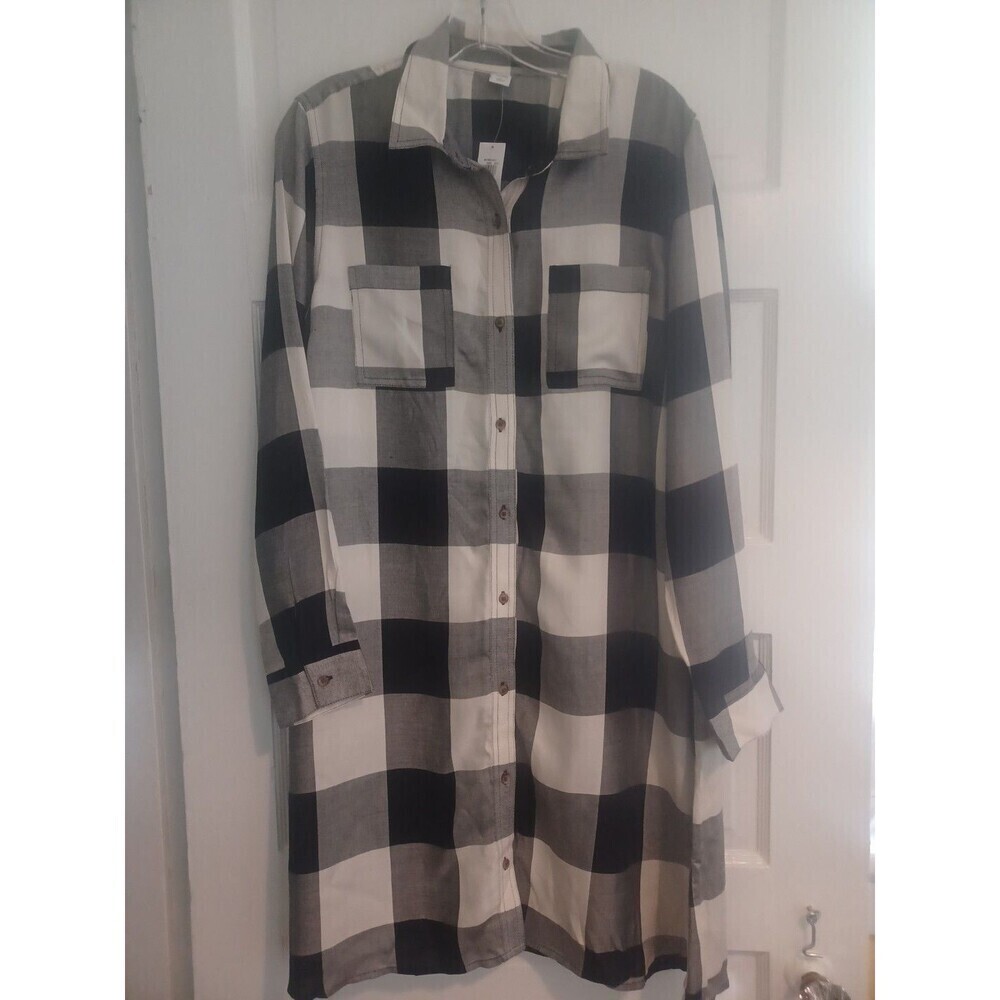 Old Navy NWT black buffalo check shirtdress L long sl. buttons cabin lumberjack
